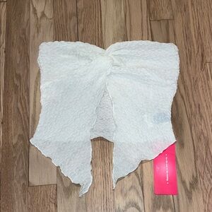 White Textured Strapless Twist Front Crop Top
